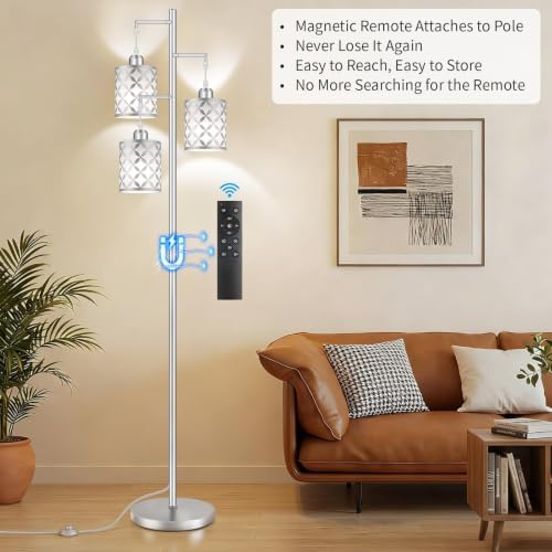 72" Dimmable Floor Lamp with Remote & Timer, Modern Minimalist Standing Lamp for Living Room Bedroom, 3 Individually Controlled Heads, 2 Height Options, 3x 800LM LED Bulbs Included - Silver - Image 2