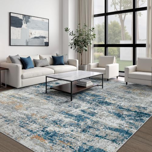pmtsns Area Rugs 9x12 for Living Room: Washable Rug Modern Abstract Neutral Soft Non-Slip Low-Pile Indoor Large Carpet for Bedroom Dining Room Playroom Home Office (BlueGreyGold, 9'x12') - Image 2