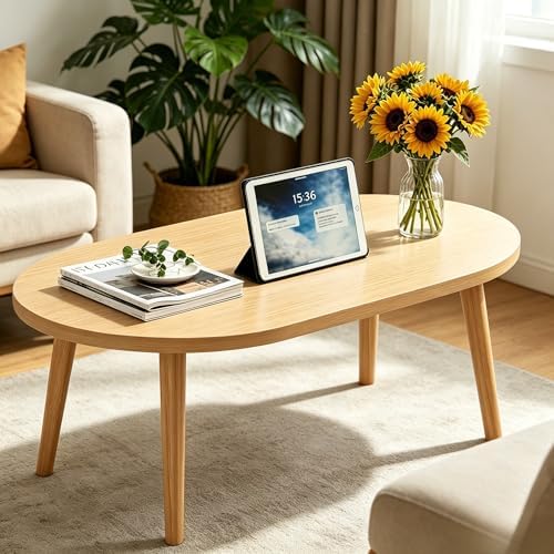 Coffee Table Low Table with Solid Wood Legs, 31.5x19.7" Large Coffee Table Side Table, Floor Table Desk for Sitting on The Floor, Living Room Furniture for Office Apartment Home, Oval Natural - Image 3