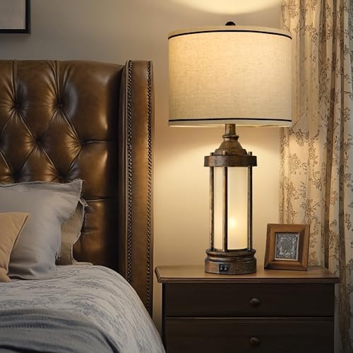 25'' Table Lamps Set of 2 for Living Room Bedroom Farmhouse Metal Lamps with 2 USB Ports, Built-In Frosted Glass Night Light Vintage Industrial Nightstand Bedside Lamp, 4 Bulbs Included, Bronze - Image 5