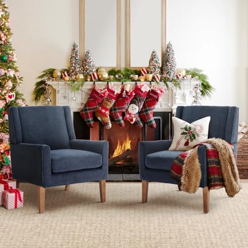 COLAMY Modern Wingback Living Room Chair Set of 2, Upholstered Fabric Accent Armchair, Single Sofa Chair with Lounge Seat and Wood Legs for Bedroom/Office/Reading Spaces, Blue by COLAMYHOME