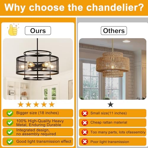 18" Dining Room Light Fixture/Chandelier Over Table, No Assembly Required 6-Light Modern Pendant Lights Kitchen Island,Industrial Black Hanging Pendant Lights Fixture for Kitchen Island Foyer Entryway - Image 2