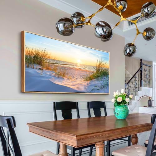 MHARTK66 Sunset Beach Wall Art for Living Room Golden Sunlight Sea Grass Dune Blue Ocean Seascape Picture HD Print On Canvas for Bedroom Office Home Decoration Framed Artwork Ready to Hang 30"x 60" - Image 4