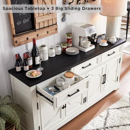 JXQTLINGMU 66" Farmhouse Buffet Cabinet with Storage, Sideboard Credenza, Carved Cloud-Inspired Doors, 3 Drawers & Adjustable Shelves, Coffee Bar Cabinet, Off White - Image 3