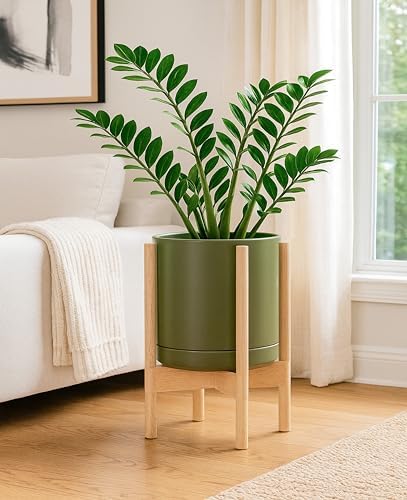 D'vine Dev Ceramic Pot with Natural Wood Stand, Olive, 10 in, 55-B-K-J - Image 4