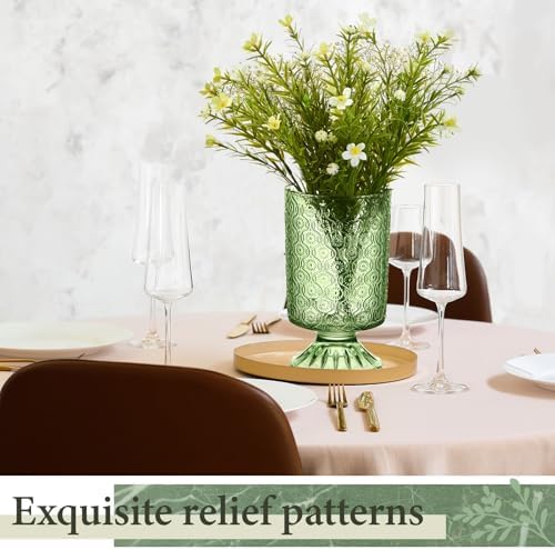 6 Pcs (H:7" W:4") Embossed Flower Vase Pedestal Glass Vase, Green - Image 4