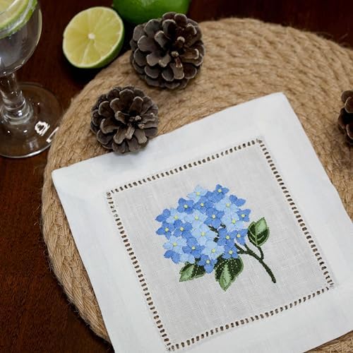 Linen Cocktail Napkins White Set of 6 Hand Embroidered Hydrangea 6"x6" Reusable Mini Cloth Hemstitched Coasters for Birthday Wedding Garden Party Present Blue - Image 3