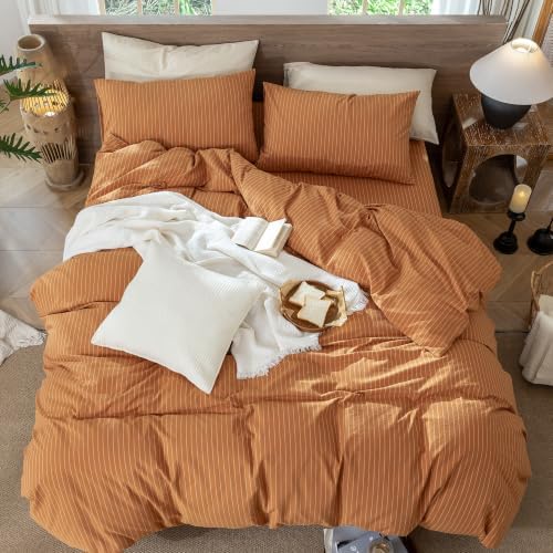 MooMee Striped Duvet Cover Set 100% Washed Cotton Linen Like Queen - Image 4
