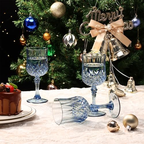 XUWAIDSGN 100Pcs Plastic Vintage Wine Glasses 7oz Reusable Embossed Goblet Glasses Pink Retro Wine Glassware Unbreakable Stemmed Champagne Water Cups for Wine Cocktail Juice Wedding (100, Blue) - Image 7
