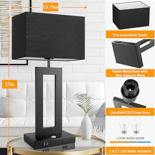 27.2’’ Tall Black Table Lamps for Living Room Bedroom, Bedside Touch Control Lamps with 2 USB Ports&AC Outlet, 3 Color Temp.&Stepless Dimming Desk Lamp Sets for Home Office, Pre-assembled Black Shade - Image 6