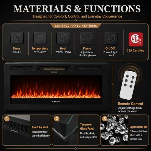 70" TV Stand for Living Room, Modern Entertainment Center & Media Console, Fits TVs up to 80", Storage Cabinet with Shelves, 36" Electric Fireplace with LED Flame (All Black) - Image 5
