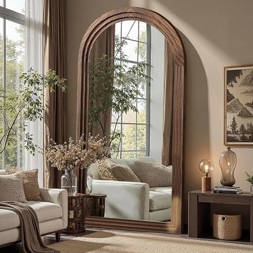Delma Arched Full Length Mirror with Stand, 75x35 Brown Wood Floor Mirror - Image 6