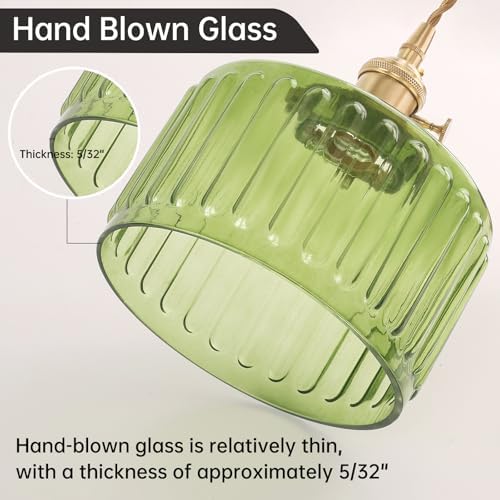 Shenmoyl Plug in Pendant Light Hanging Light Fixture Corded On/Off Switch Brass Pendant Light with Green Striped Glass Lampshade for Bedroom Living Room Kitchen Island - Image 4