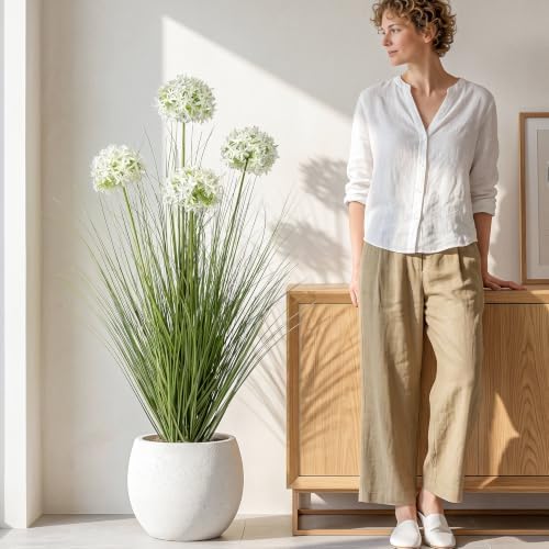 Ttranewsoo Tall Faux Grass Plant with White Flowers, 47.2 Inch Artificial Potted Greenery, UV Resistant Floor Plant for Indoor and Sheltered Outdoor Decor, 1 Pack by Ttranewsoo