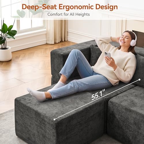 MONVANE 103" U-Shaped 5 Seat Modular Sectional Cloud Couch, Grey - Image 4