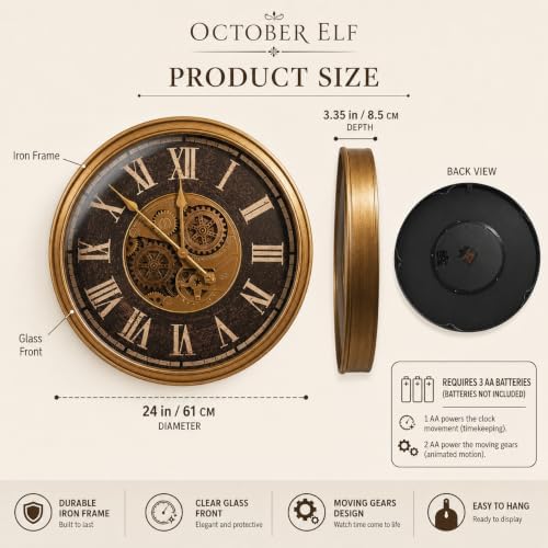 Large Real Moving Gears Wall Clock 24 Inch,Roman Antique Brass Brown - Image 3