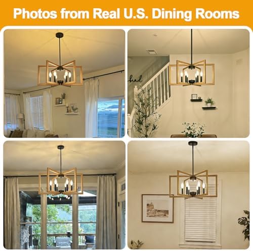 25"-61" Height Adjustable Retro Wood Texture Chandelier for Dining Room, No Assembly Required Dining Room Light Fixture Over Table, Industrial Metal Pendant Lights Fixture for Kitchen Island - Image 5