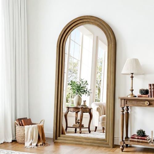 30"x71" Full Length Mirror Solid Wood Frame, Arched Floor Mirror Full Length with Stand, Room Decor Big Full Body Mirror with HD Tempered Glass for Bedroom, Living Room, Light Brown - Image 4
