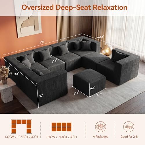 MONVANE Modular Sectional Sofa, Oversized 8 Seat Convertible U Shaped Couch with Ottoman, Comfy Chenille Cloud Couch with Deep Seat, Sectional Couches for Living Room, No Assembly Required, Black - Image 3