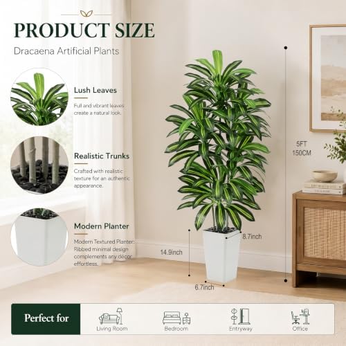 Artificial Dracaena Tree 5FT / White Planter, Tall Plants Indoor - Image 3