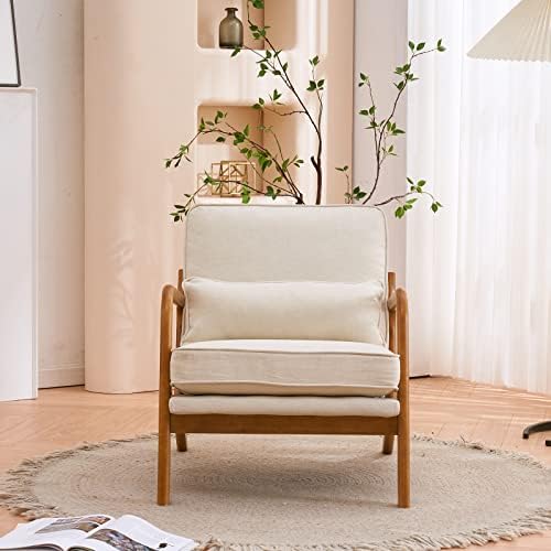 Bonnlo Fine Linen Beige Mid Century Modern Accent Chair, Soild Wood Padding Lounge Armchairs Side Sitting Chairs for Living Room, Bedroom, Guest Room - Image 5