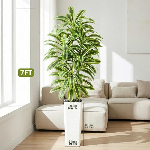 Artificial Yellow Dracaena Tree Indoor, 7FT Tall Fake Floor Plants with White Planter & Pebbles, Faux Silk Yucca Tree for Home Office Living Room Bedroom Farmhouse Modern Outdoor Topiary Tree - Image 4