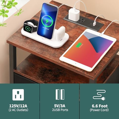 Yoobure Night Stand with Charging Station, 3 Fabric Drawers Nightstand, Bedside Tables with Storage Shelf, End Table with 16 Colors LED, Small Dresser for Small Space, Black Brown - Image 6