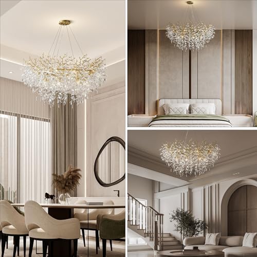 YUYI 47" Modern Crystal Chandelier, 14-Light Gold Tree Branch Chandelier, Round Chandeliers for Dining Room, Living Room, Foyer, Entryway, Kitchen, Bedroom, Luxury K9 Crystal Raindrop Light Fixture - Image 2