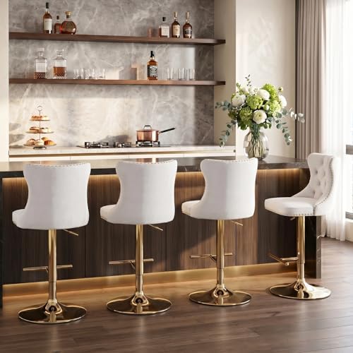 SoarFlash Velvet Bar Stool Set of 4, Adjustable Swivel Bar Stools with Gold Plated Metal Leg, Button Tufted, Footrest, Chrome Nailhead, Counter Height Chair for Kitchen, Bar, Dining Room (Beige) - Image 4