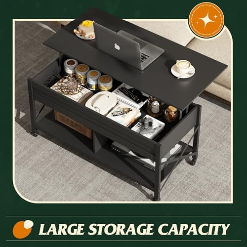 WLIVE Coffee Table Black, 41.3" Lift Top Coffee Table with 4 Wheels - Image 4