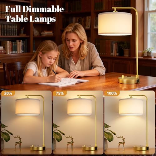 Gold Bedside Lamps Set of 2, Fully Dimmable Lamps for Night Stands, USB A+C - Image 2