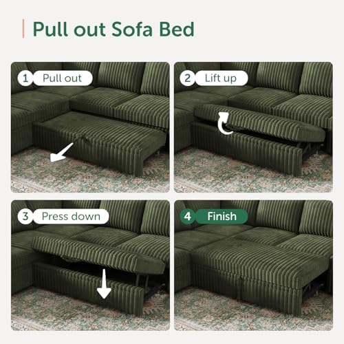 HONBAY Modular Sectional Sleeper Sofa with Pull Out Bed,Corduroy L Shaped Couch with Storage, Sectional Couches for Living Room,Green - Image 5