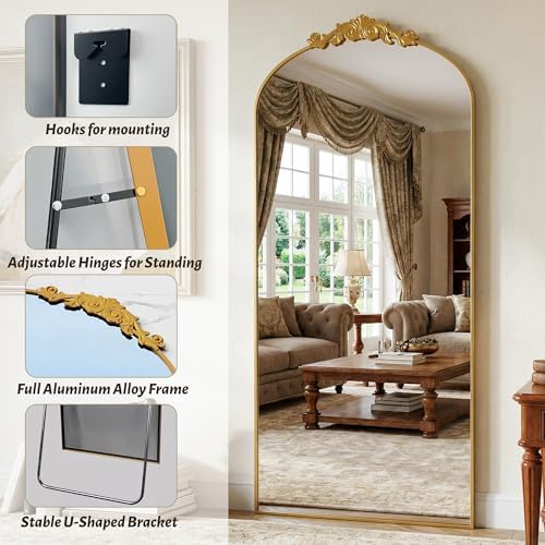 Vintage Full Length Mirror,76"x34" Arched Antique Floor Mirror with Carved Metal Frame,Large Standing Wall Mounted or Leaning Mirror for Bedroom Living Room Entryway,Gold - Image 3