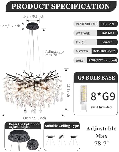 Modern Tree Branch Crystal Chandelier Luxury Blacl Crystal Pendant Lighting 23.6" Contemporary 8-Light Chandeliers for Dining Room Kitchen Bedroom Living Room - Image 2