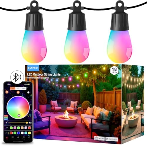 Outdoor String Lights 18 LED Bulbs, 64(52+12) ft RGB+IC+Warm White by BUNACET