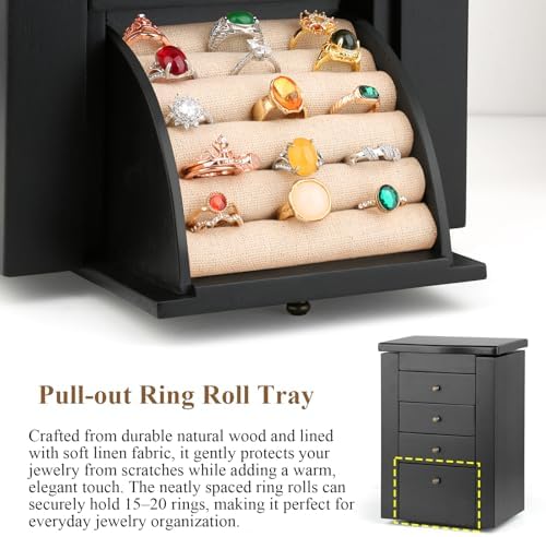 Meangood Jewelry Box Jewelry Organizer, 5-Layer Wooden Jewelry Organizers and Storage Boxes for Women Girls, Ring Earring Bracelet Necklace Holder Organizer with Mirror & Drawers(Black) - Image 6