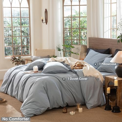MooMee Wavy Striped Duvet Cover Set 100% Washed Cotton Linen Like Textured Breathable Durable Soft Comfy (Cornflower Blue, Twin 68"x90") - Image 2