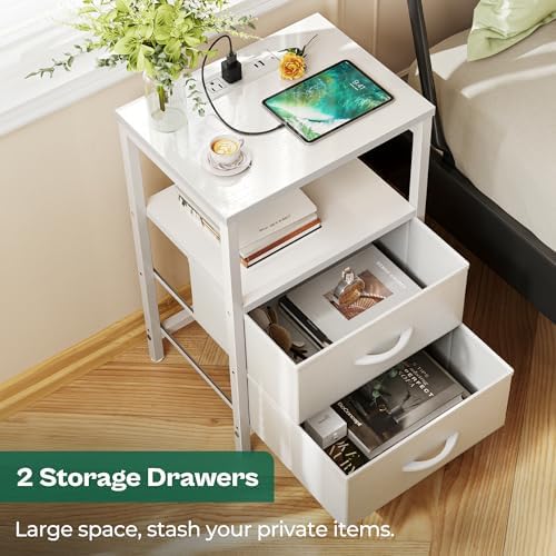 Huuger Nightstand with Charging Station, Side Table with Fabric Drawers - Image 5