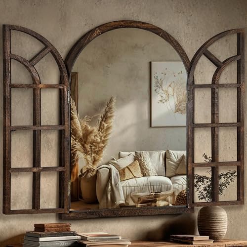 Farmhouse Window Mirror for Wall, 40”x28” Rustic Vintage Arch Mirror by LawadaMirror