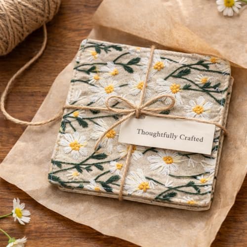 Handmade Daisy Embroidered Coasters Set of 4, 4.3" Cotton Linen Drink Coasters for Wooden Table, Rustic Cottagecore Floral Cup Mats, Decorative Small Vase Mat, Aesthetic Desk Decor & Jewelry Pad - Image 5
