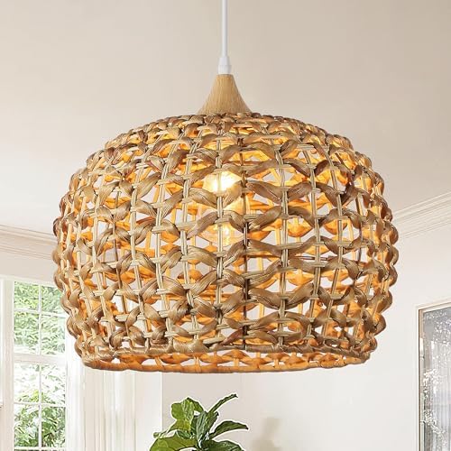 Boho Pendant Lights, 15.7" 1-Light Rattan Chandelier Hand-Woven Wicker Pendant Light with Water Hyacinth Shade, Coastal Dome Hanging Light for Dining Room Kitchen Island by Karjearl