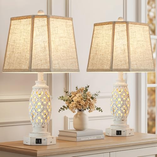 Lamps for Night Stands Set of 2-23.5" Bedside Lamp with USB A+C and Nightlight - Rustic Farmhouse Table Lamp for Bedrooms, End Tables, Living Room - French Country Decor, Bulbs Included, Cream by WelcometoEJIAXIN