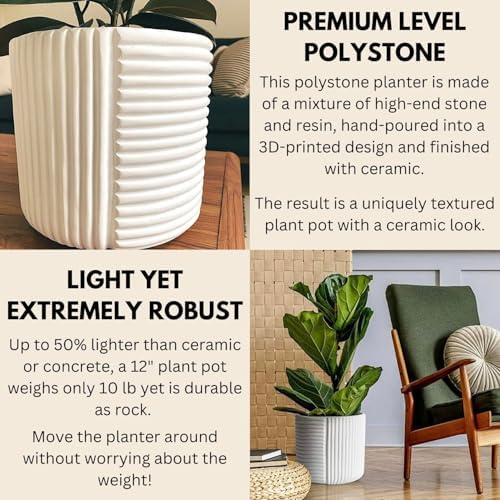 Fox & Fern Large Planter for Indoor or Outdoor, White Matte, 12 Inch - Image 3