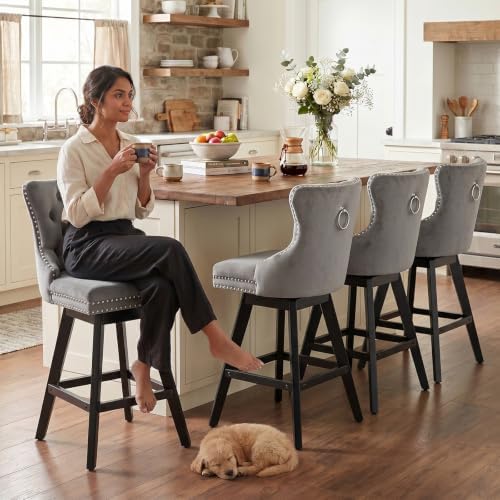 SoarFlash Kitchen Swivel Bar Stools with Solid Wood Legs Upholstered Counter Stools Set of 4, Grey - Image 4