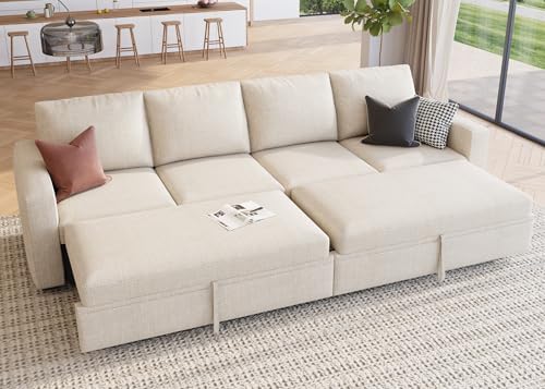 HONBAY Modular Sectional Sleeper Sofa Bed, with Pull Out Bed, Linen Convertible Sectional Couches for Living Room - Beige by HONBAY