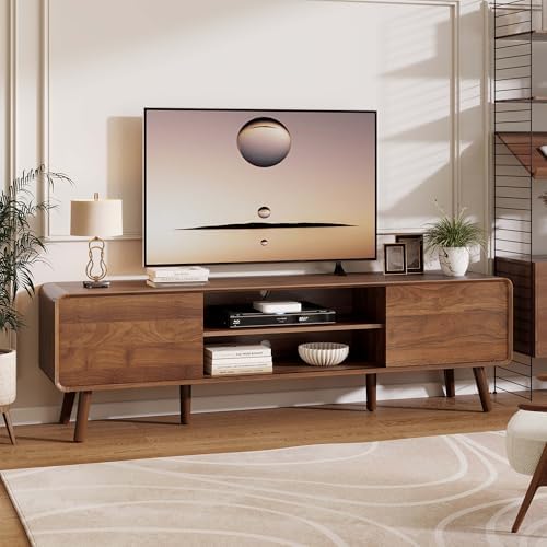 Nasonet 70" Mid Century Modern TV Stand for Tvs up to 80", Entertainment Center with Storage, Sideboard Media Console for Living Room with 2 Sliding Door/Adjustable Shelves, Walnut - Image 6