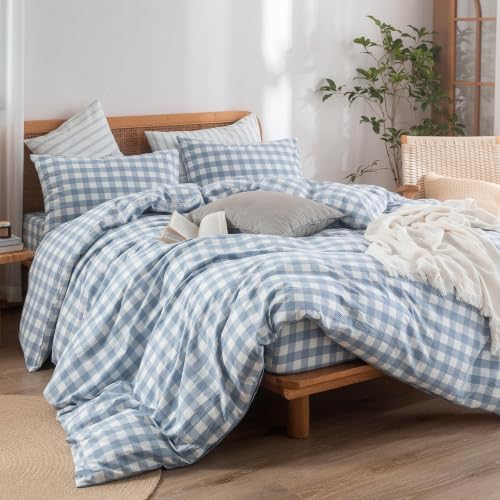 BESTOUCH Gingham Cotton Duvet Cover Set Cornflower Blue California King - Image 5