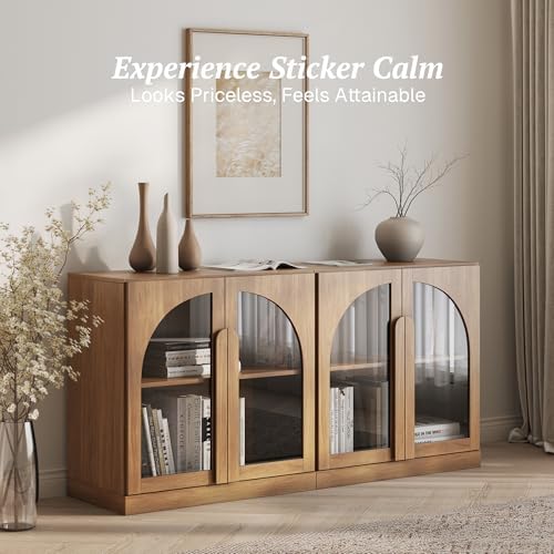BELLEZE Set of 2 Modern Sideboard Buffet Cabinets (63" Wide) - Large Kitchen Credenza with 4 Arched Glass Doors - Seamless Storage Console Sideboard for Kitchen, Living Room - Camel - Image 4