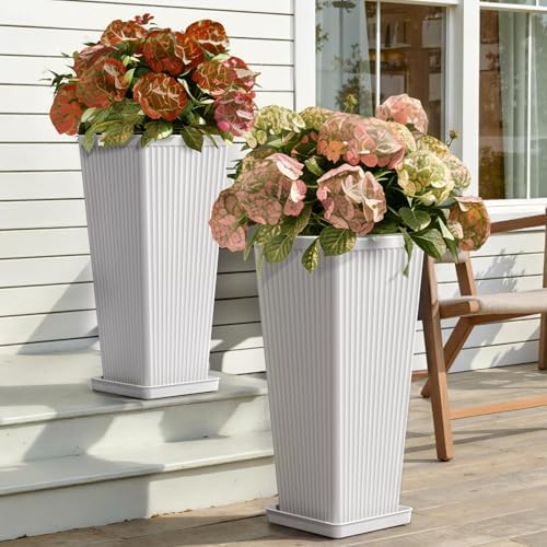 Square Tall Planters for Outdoor Plants with Tray - 24" White 2Pack by Outdoorchairs