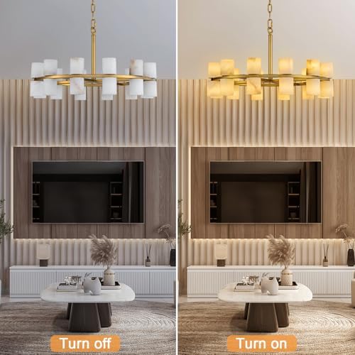 Alabaster Chandelier, Natural Spanish Stone Texture Chandeliers, D23.6in Round Chandeliers for Dining Room Small Chandelier Light Fixture for Kitchen Living Room Foyer Entryway Hallway (Brass) - Image 3
